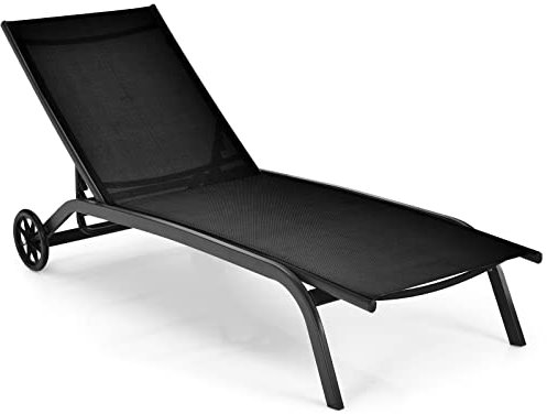 COSTWAY Sonnenliege mit Rollen, Gartenliege mit Verstellbarer Rückenlehne und schnell trocknendem Stoff, Relaxliege bis 150kg belastbar, Liegestuhl für Garten, Balkon, Terrasse, Schwarz