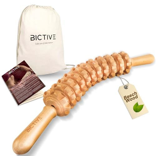 BICTIVE Böjd kroppsterapirulle för celluliter och massage, anti-cellulitrulle för ben, lår, gluteum och buk, förbättrar lymfdränage, trämassager med påse.