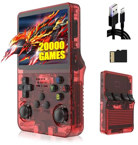 R36S Console di gioco portatile 64G,Built-in 20000+ giochi,21 emulatore,3500mAh,sistema Linux,3.5 “IPS schermo portatile Mini emulatore portatile,Regalo per adulti,uomini (Rosso trasparente)