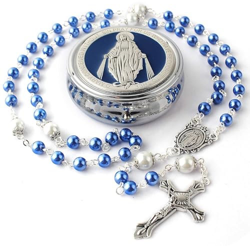 Calkkrer 6mm Glasperlen Rosenkranz mit 8mm Vaterunser-Perlen, Katholische Kette im Wunder-Metall-Geschenkbox, Erstkommunion und Personalisiertes Blau Rosenkranz