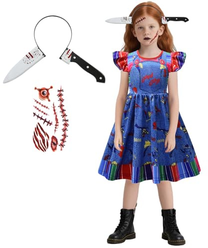 keaiyouhuo Halloween skräck dockklänning flicka jeansblå 3-delat set rollspel födelsedagsfest kostym