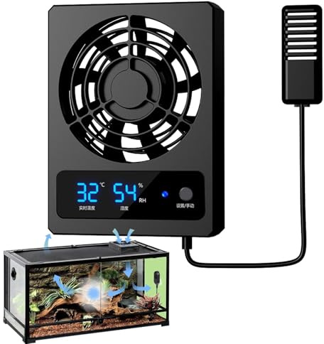 Ventilation Fan For Reptile Enclosure - Smart Temperature And Humidity Gauge With LED Display, Quiet Strong Wind Airflow | Low Noise Cooling System Terrarium Vivarium Dragon Lizard Snake Gecko Tank