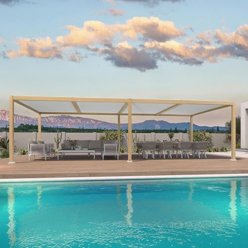 Pérgola bioclimática de aluminio de 3,5 x 8,5 m, cenador de jardín impermeable con techo de rejilla ajustable, elegante terraza y toldo de cochera, diseño de efecto madera