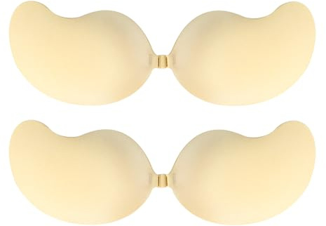 D.DUO 2-pack klibbiga axelbandslösa behåar, osynlig BH för kvinnor, halkfria silikon självhäftande behåar, rygglös push-up BH, BEIgE, D