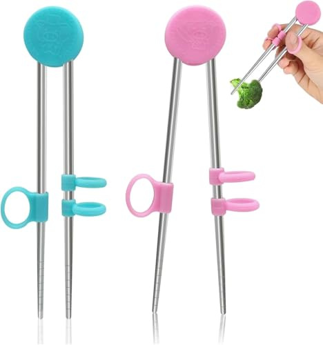 Essstäbchen, 2 Paar, Training, Sailor Moon Essstäbchen, wiederverwendbar, Metall, Training, Edelstahl, Lern-Essstäbchen, Helfer für Erwachsene, Besteck (blau + pink)