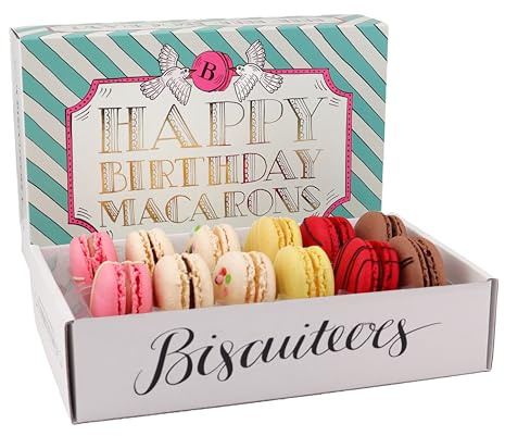 Biscuiteers Birthday Macarons Gift Box | 12 Handmade Varieties Including Strawberry Champagne and Salted Caramel; Luxury Bakery Macarons Treat Box