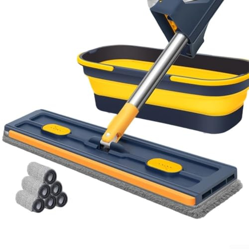 Trapeador giratorio de 360 grados con mango de acero inoxidable ajustable, adecuado para limpiar azulejos, madera dura y ventanas, promoviendo la facilidad de uso (cubo plegable azul)