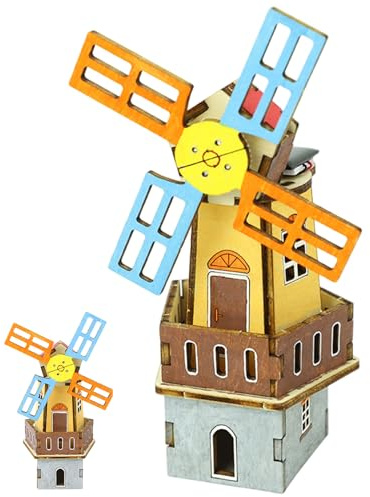 3D Wood Puzzles, 3D Wood Puzzle Solar Powered Rotating Windmill Wooden Puzzles Scientific Paintable Wooden Houses for Crafts for Children Kids DIY