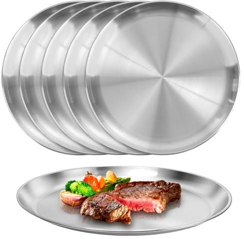CHUEHKAK 6 Stück Edelstahl Teller 30 cm, Edelstahlteller Runden Geschirr | Servierplatten, Silber, Stapelbar, Rostfrei, Pizzablech für Pizza, Restaurant, Camping