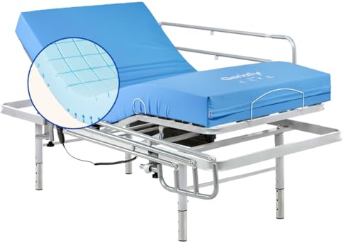 Geriafy - Pack Cama articulada Regulable en Altura con colchón Impermeable Origin HR | Diseño Superior en cuadricula | Transpirabilidad y Confort (80x190 cm, Barandillas)