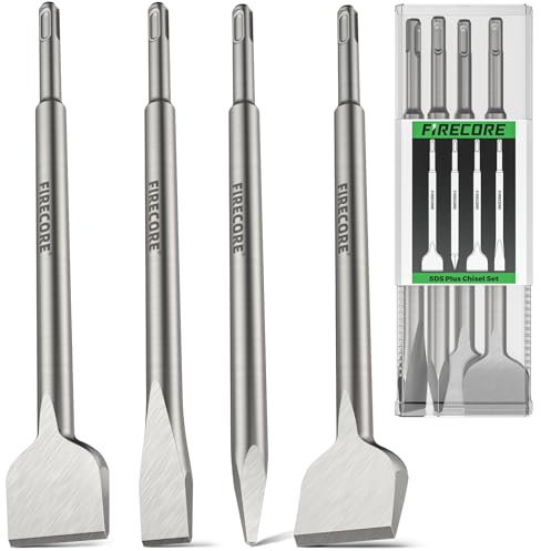 SDS Plus Chisel Set 4 Pcs, Firecore 250mm Straight & 10° Angled Flat Chisels, Narrow Flat Chisel, Point Chisel, Heavy Duty Demolition Tools for Concrete, Wall, Tile Removal, Grooving and Breaking