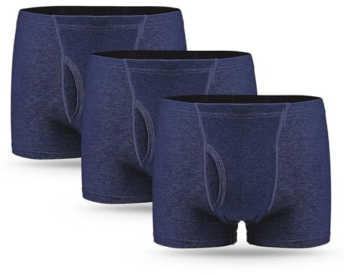 3 Pcs Men’s Incontinence Pants Cotton Washable Reusable Incontinence Boxer Briefs with 250 ML Absorbency Protective Underwear for Men Blue Size M