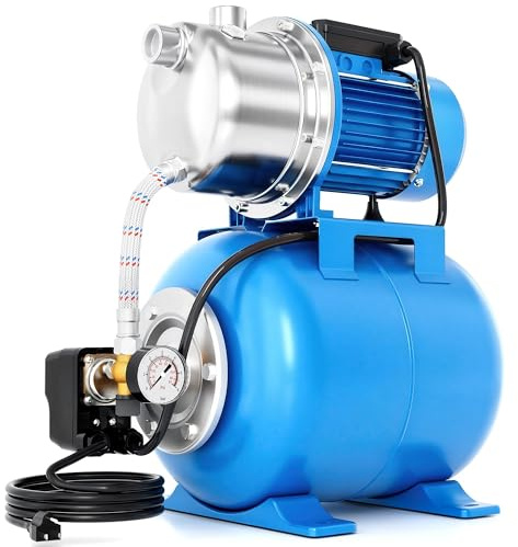 FOTING Groupe de surpression INOX : Alimentation en eau maison & jardin avec manomètre (1100 W, débit 4 600 l/h, HMT 45 m, pression max 4,5 bar, cuve 24 L, aspiration 7 m) + protection surcharge