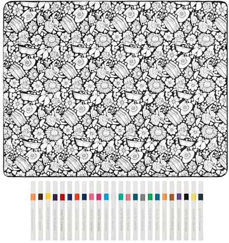 Manta para colorear para adultos, 150 x 115 cm, alfombrilla de sofá reutilizable, con 24 rotuladores, para niños y adultos para colorear, manualidades, sofá, cama, viajes y en el coche