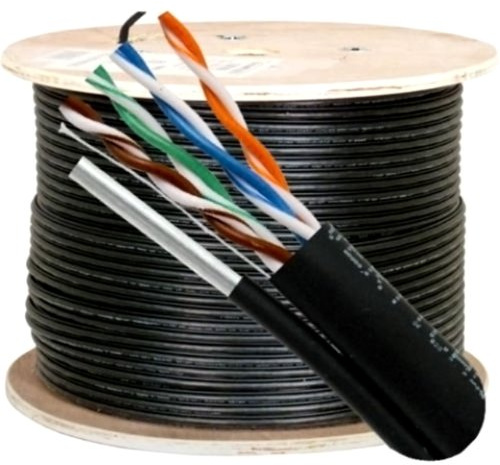 Vertical Cable Cat5e, 350 Mhz, UTP, UV Jacket, Outdoor, CMX, Messenger, 1000ft, Black, Bulk Ethernet Cable, Wooden Spool