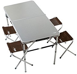 C.A.O. - Table Valise avec 4 sièges en Tubes Aluminium/Toile siège 600x300D Oxford/Plateau Fibre de Bois (MDF) - Couleur Plateau Blanc - Toile siège Bleu