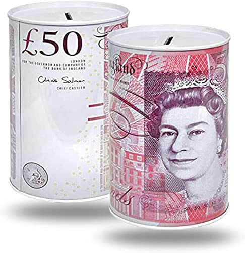 NEW POUND NOTE MONEY COIN JAR £5 £10 £20 £50 NOTES PIGGY BANK JAR TIN SAVING CASH | PIGGY BANK, COIN TIN, CASH TIN, SAVINGS TIN, MONEY BOX (£50)