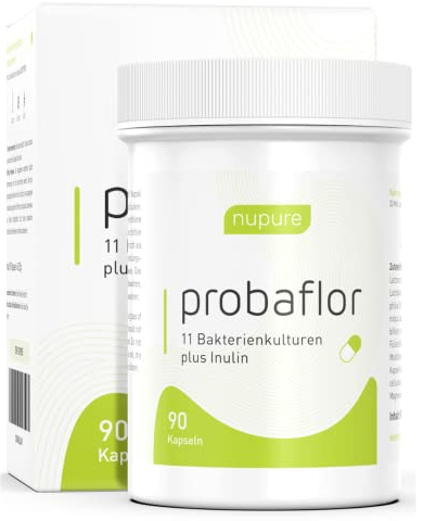 Nupure® Probaflor 90 Kapseln, mit 1.800 Mrd KBE/kasten*, 11 Spezielle Bakterienstämme, Mit Inulin und Lactobacillus salivarius SP2, Besser geschützt dank Spezialdose, Vegan