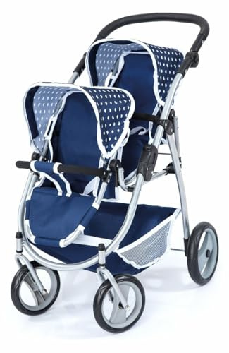 Bayer Design 26551AA Cochecito de Gemelos, Carrito Doble para muñecas, Ajustable, Ruedas Delanteras giratorias, Azul