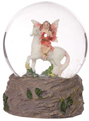 Storchenlädchen Glitzerkugel Elfe auf Einhorn, gelbe Blumen, Schneekugel Figur Schneekugeln Fee Fairy Märchen