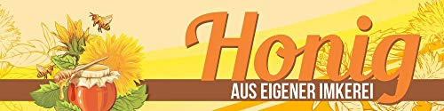 PVC Werbebanner Honig aus eigener Imkerei mit Ösen 2000 x 500 mm | PVC 510 g/m², B1 schwer entflammbar, brillanter CMYK-Digitaldruck, rundum geöst, wetterfest, Made in Germany