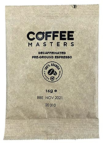 Coffee Masters Decaf Ground Coffee Espresso Sachets - Decaffeinated, 100 Pack, Double Shot Portions for Barista Machine