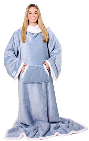 Snuggie Sherpa, coperta con maniche e tasche per adulti, donna, uomo – blu polveroso
