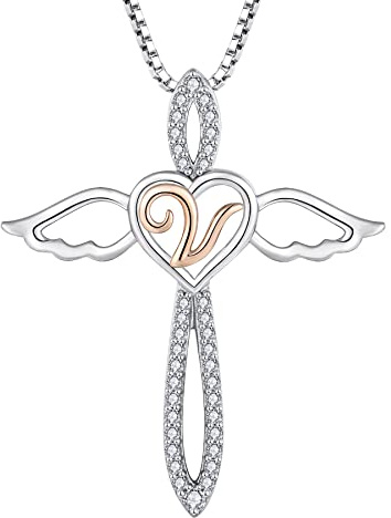 FJ Buchstabe Kette Anhänger Damen 925 Sterling Silber Schutzengel Halskette Initiale Alphabet Personalisierte Kette mit Zirkonia Schmuck Geschenke für Frauen Mädchen