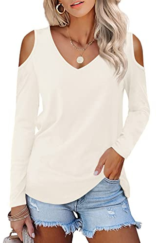 Beluring Womens Casual V Neck Tops Spring Cold Shoulder Tunic Tee Shirts Cream Size 16 18