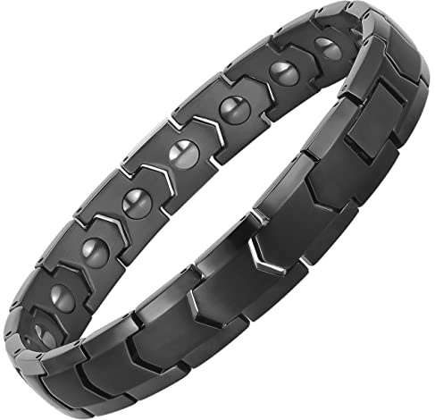 PUJANE Magnetic Hematite Bracelets for Men Women 316L Stainless Steel Power Balance Energy Magnets Stones Bracelet Jewelry Gift with Adjustment Tool (Black)