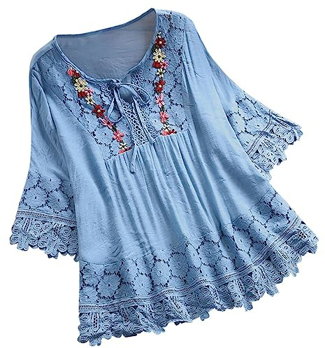 WINDEHAO Blusa de lino y algodón para mujer, tallas grandes, tallas S-5XL, elegantes camisas de encaje con flores bordadas, blusas con cordones huecos (azul, XL)