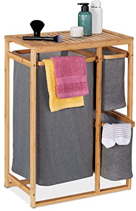Relaxdays Wäschekorb Regal, Bambus, Wäscheregal 3 Fächer, HBT: 70 x 50 x 30,5 cm, Badregal mit Wäschesammler, natur/grau