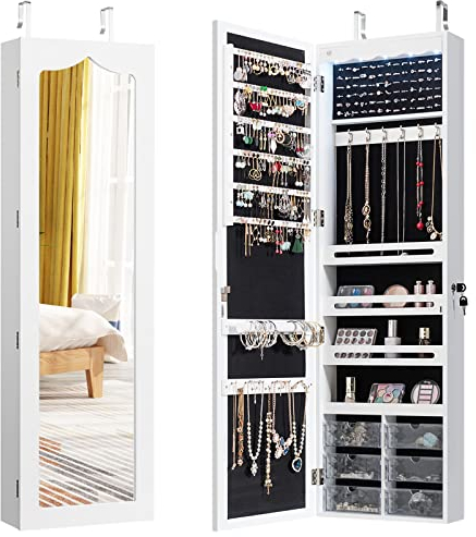 COSTWAY Schmuckschrank hängend, Sipegelschrank mit LED-Beleuchtung, Spiegel und 6 Schubladen, Hängeschrank für Tür- und Wandmontage, Schmuck Schrank für Schmuck & Kosmetik Aufbewahrung, Weiß