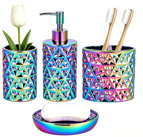 RXLVCKY Set di accessori da bagno colorati, 4 pezzi, dispenser per sapone per lozione, portasapone, portaspazzolino, bicchiere, organizer da banco per accessori da bagno