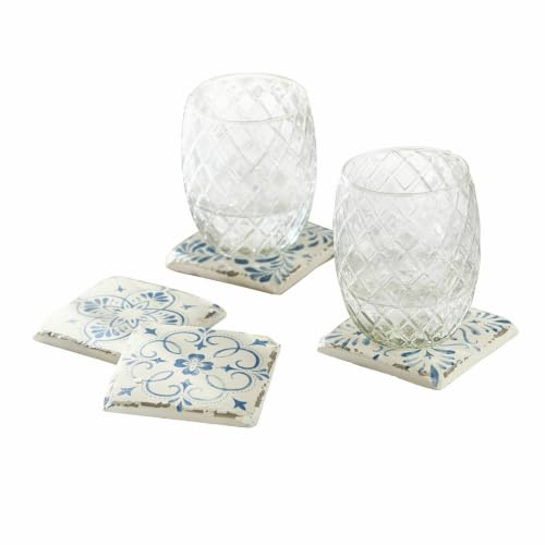 LOBERON Untersetzer 4er Set Évry, Mediterrane Kacheln, vier Designs, Handbemalt, Urlaubsflair, Küchenutensilien, Tischaccessoires, Polyresin, Kork, weiß/blau