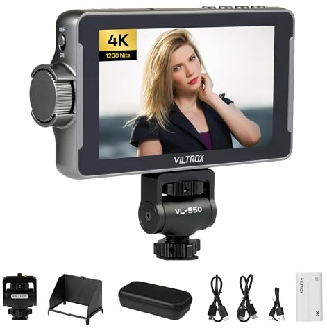 VILTROX DC-550 Moniteur Caméra 5,5 IPS Tactile FHD 1920x1080, 1200 Nits, 4K HDMI 30Hz in/Out, 3D LUT, REC.709, Histogramme, Waveform Y, Angle de Vue 160°, Focus Peaking, avec Pare-Soleil et Batterie