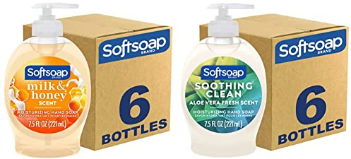 Softsoap Moisturizing Liquid Hand Soap, Milk and Honey, 7.5 Fluid Ounce, Pack of 6 (Package may vary) & Moisturizing Liquid Hand Soap, Soothing Clean Aloe Vera - 7.5 Fl Oz (Pack of 6)