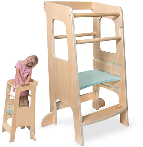 Dwin Learning Tower, Adjustable Height Kids Step Stool for Toddlers - Natural Wood Montessori Kitchen Helper with Anti-Tip Design, Non-Slip Feet & Secure Safety Bars