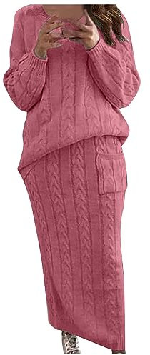 Strickkleider Set Damen Pullover mit Zopfmuster Zweiteiler Strick Langarm Pulli Strickrock Anzug Warmes Winter Pullover Set Grobstrick Pullover mit Rock Freizeitanzug Sportanzug Hausanzug