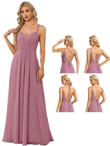 Ever-Pretty Women's Chiffon Adjustable Spaghetti Strap Deep V-Neck Backless Bridesmaid Dress Orchid 18UK