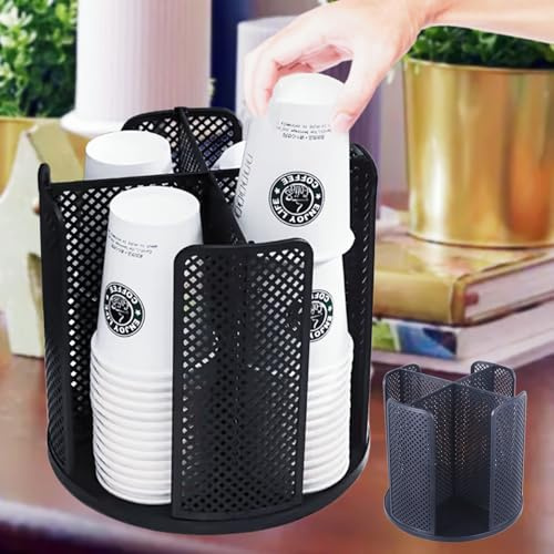 Qivine Drehbarer Becherhalter für Arbeitsplatte, Tassen und Deckel Organizer Küche Kaffeetassenspender, 4 Fächern Papierbecher Halter für Badezimmer, Küche, Café (Schwarz)