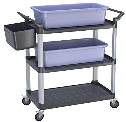 Mecent Carro de servicio con ruedas, carrito de limpieza en restaurante, hotel escolar, cocina, carrito con ruedas, capacidad de carga de 200 kg (87 x 43 x 94 cm, con lavabo y cubo))