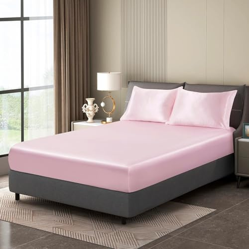 Luowei Satin Spannbettlaken 140x200cm Seidig Kühlend Sommer, Rosa | Seidiger Glanz Boxspringbett Spannbettlaken, Weich und Komfortabel, mit Rundum-Gummizug für 25-30 cm höhe matratze