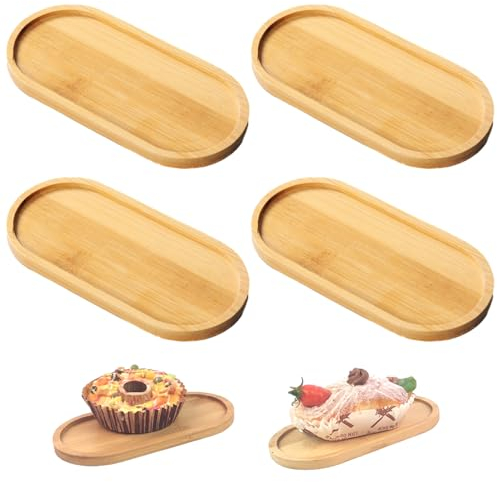 Ksvaye 4 Pezzi Vassoio Legno Ovale Vassoio in Bambù Naturale Vassoio in Legno per Posizionare Torte, Tazze, Caffè, Dessert, Biscotti, Pane, Frutta, Snack (17.8 * 8.8 * 1.1cm)