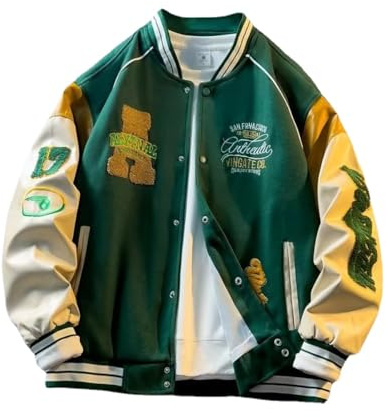 YeGang Men's Varsity Jackets - College Bomber Jacket Vintage Sweatshirt Casual Unisex Streetwear Y2k Oversized Coats with Patch PU Leather Sleeves (M,Green)