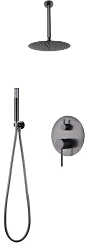 IMEX - Ducha Empotrada Techo Negra Monomando | Kit de Grifería Empotrado con Alcachofa y Rociador Antical Efecto Lluvia | Columna Ducha Empotrada con Grifo en Latón y Acero Inox S.304 | Serie Tívoli