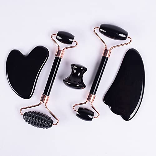 ICXLPMC Haussammlung Jade-Sägezahn-Gesichtsroller, GuaSha-Werkzeug-Set, natürlicher schwarzer Obsidian-Kristallstein, 3-teilig(Color:One Size)