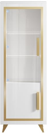 AltoBuy Jemma - Vitrine 1 Porte Gauche Laquée Blanc et Décor Doré avec LEDs