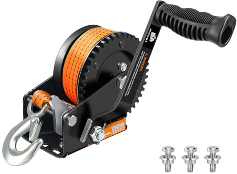 METOWARE Boat Trailer Winch 1600lbs Capacity with 26 Ft(8M) Polyester Orange Strap Heavy Duty Hook 2-Way Ratchet 4:1 Gear Portable Hand Winch for Trailers Trucks ATVs Boat-Orange