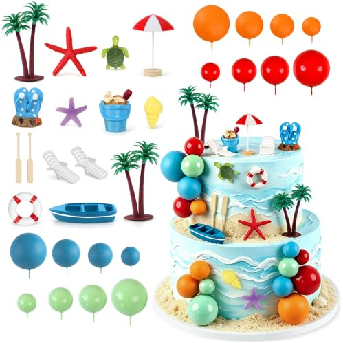 30Pcs Beach Birthday Cake Decorations Summer Pool Party Decorations | Resin Mini Coconut Tree,Seashell,Sea Animals,Pool Beach Cake Cupcake Toppers,Hawaiian Luau Birthday Party Decorations